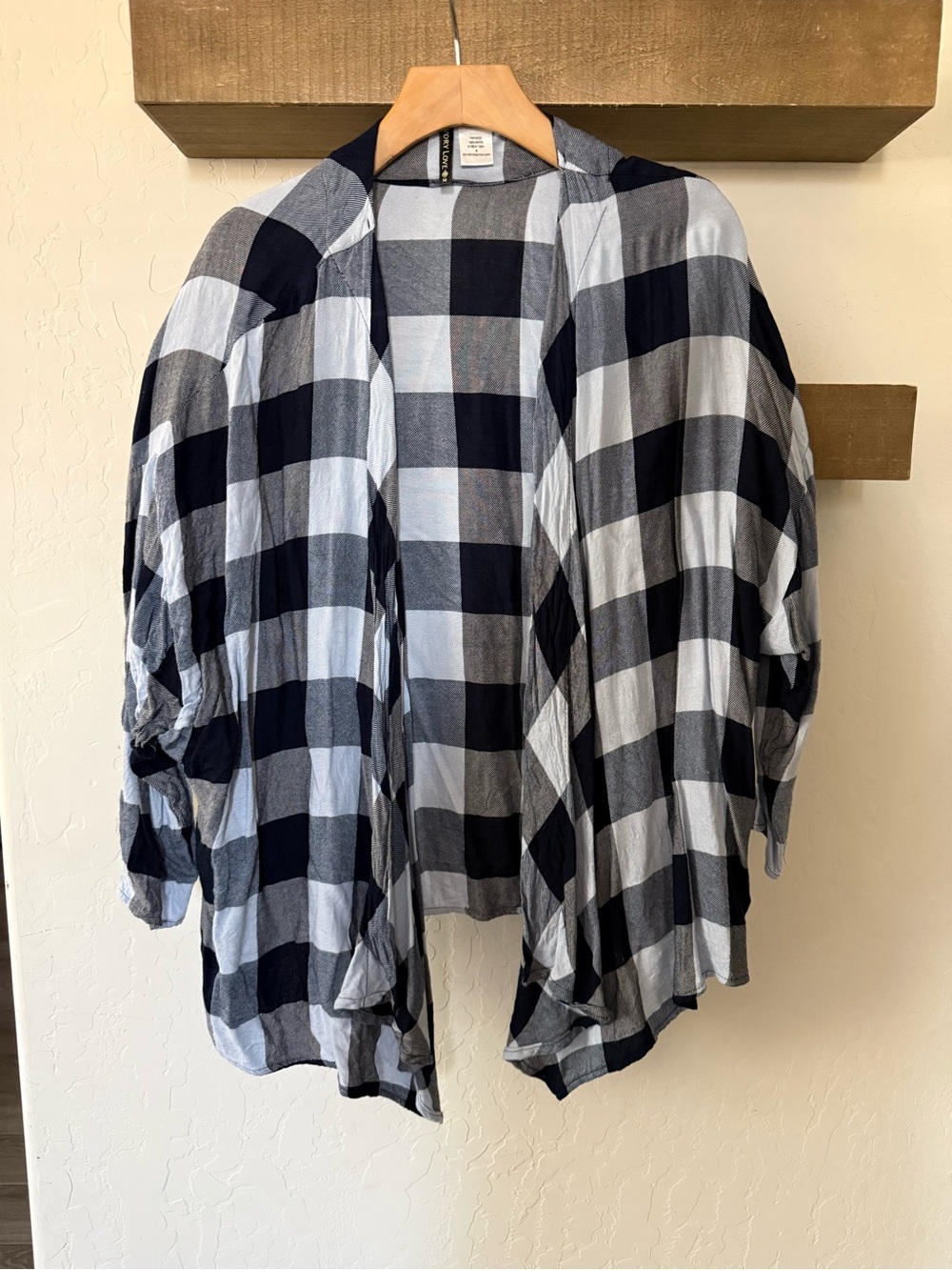 Ivory Love|Navy & White Plaid Open-Front Women's cardigan kimono•••Medium,fall